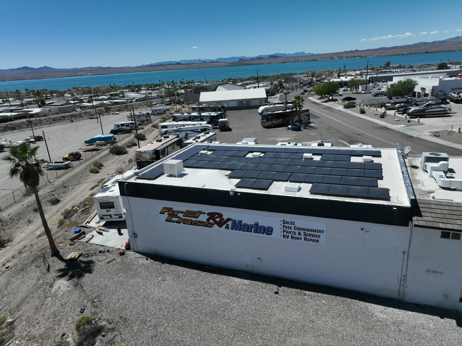 Rooftop commercial solar install on a Lake Havasu City business overlooking the lake