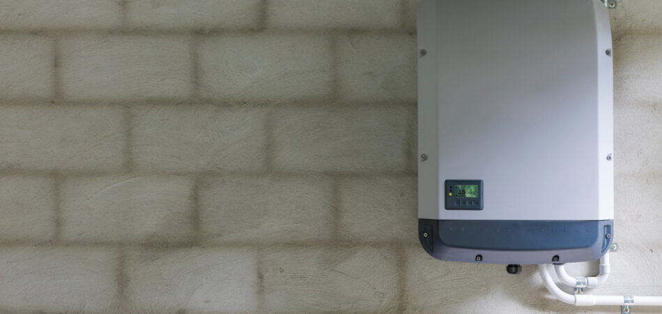 Solar,power,inverter,mounted,on,brick,wall,inside,garage,,domestic